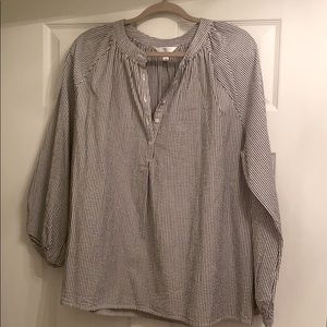 Blue/gray and white vertical pin striped blouse